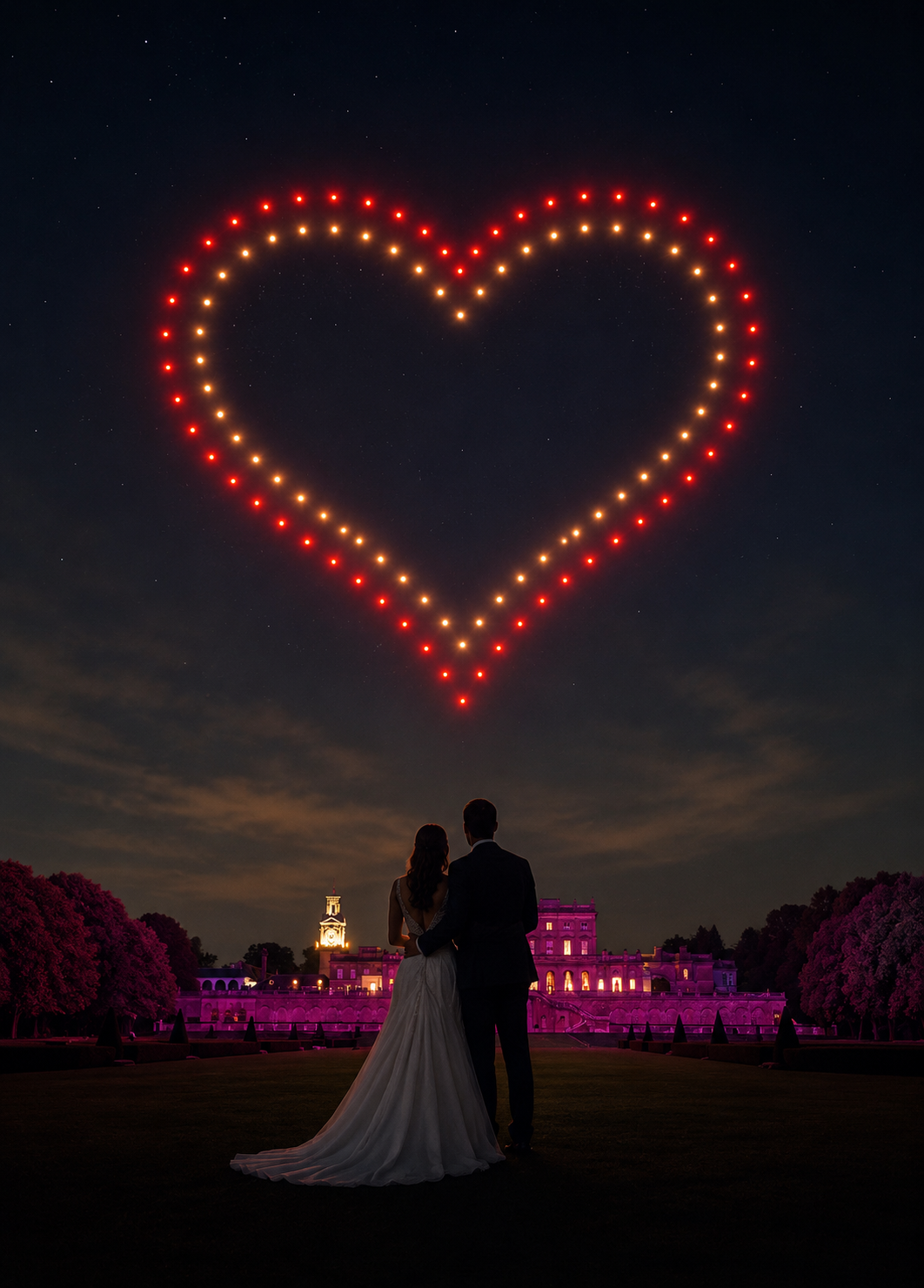Newlywed couple beneath a heart-shaped drone light show