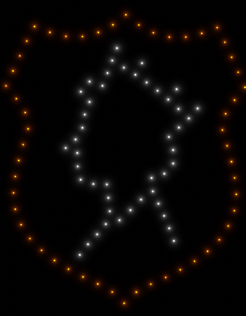 Silhouette of a woman's profile, formed by white dots and outlined by orange dots on a black background, resembling a shield, like an intricate design from a drone light show.
