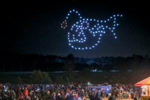 A night sky display featured an impressive drone show, with drones forming a captivating fish shape, observed by a large crowd gathered outdoors.