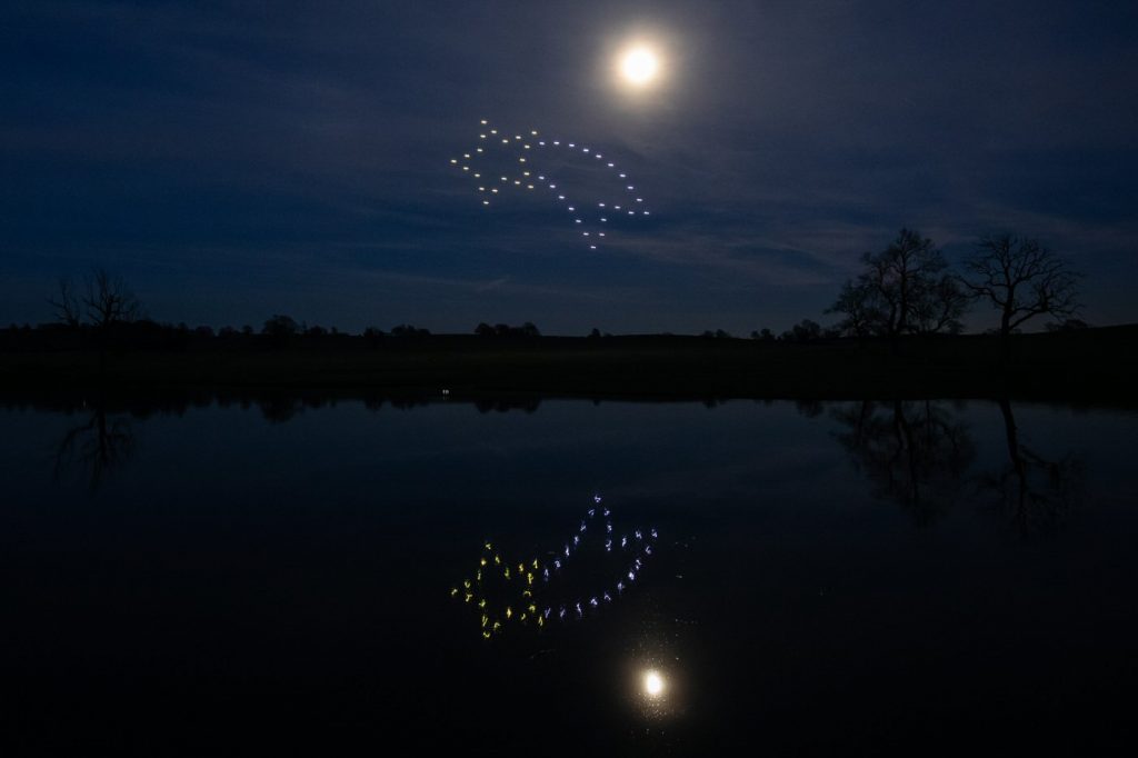 Drones form a dolphin shape against a moonlit night sky, reflected in a calm lake surrounded by silhouetted trees, creating an enchanting drone light show.