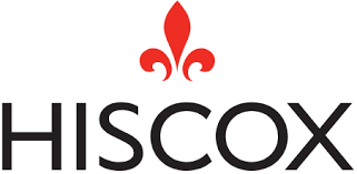 The Hiscox logo, with the company name in black uppercase letters and a red, minimalist fleur-de-lis symbol above it, evokes a sense of modernity akin to a drone light show.