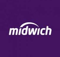 Midwich logo in white text on a purple background, featuring a curved line above the text, reminiscent of a drone light show.