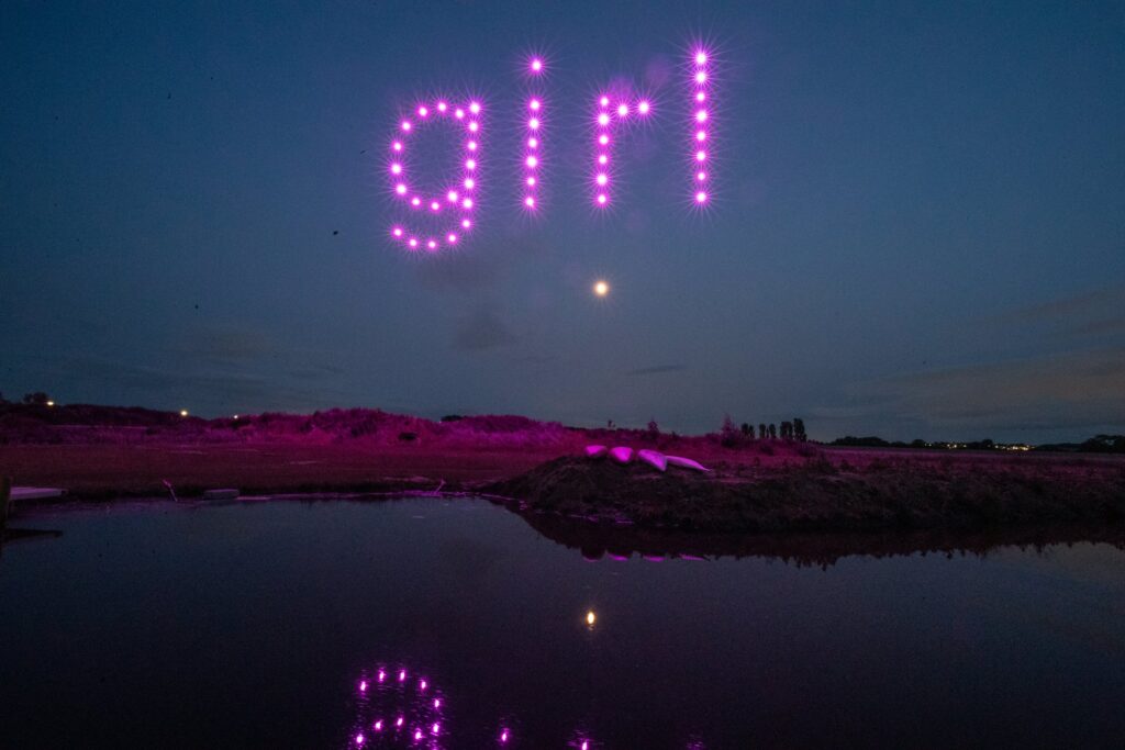 Gender reveal drone show Pink lights form the word "girl" in the night sky above a calm landscape with water.