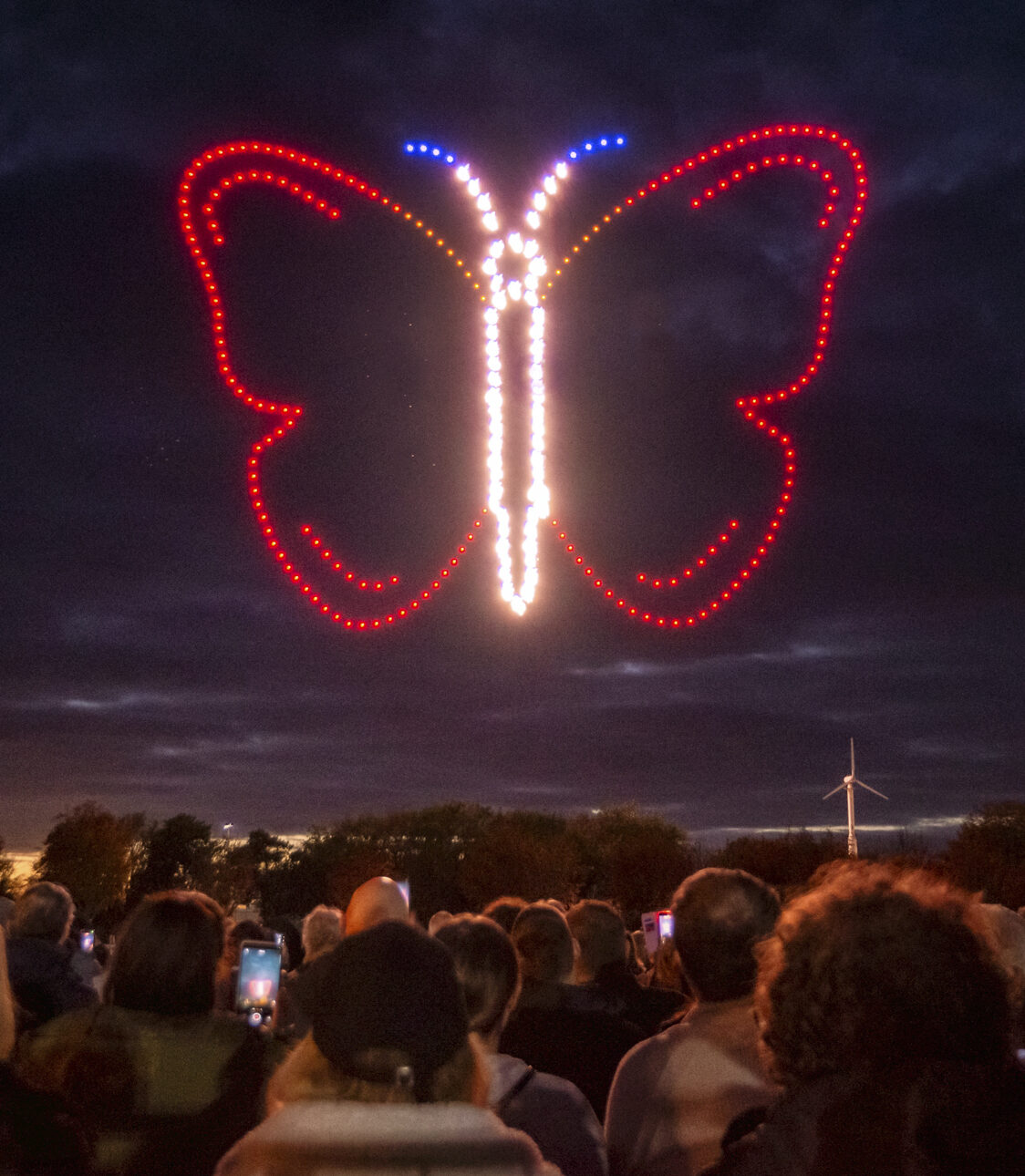 A crowd watches drones form a glowing butterfly shape in the night sky.